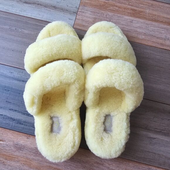 UGG Oh Yeah Fluff Slide Slippers Yellow Sheepskin Double Strap US 9 - Picture 3 of 7